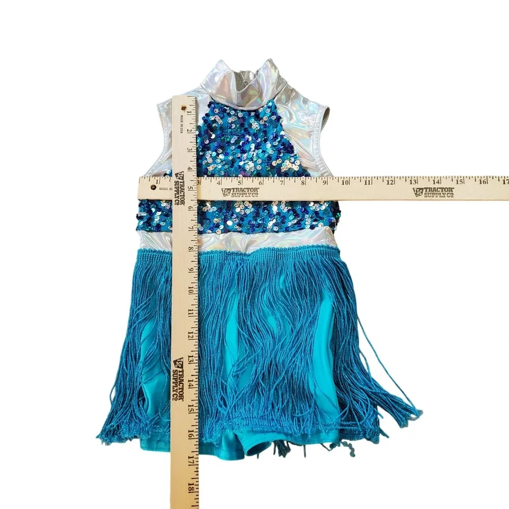 A Wish Come True‎ Sequin Fringe Dance Costume Iridescent Silver Blue Kids Sz XSC
